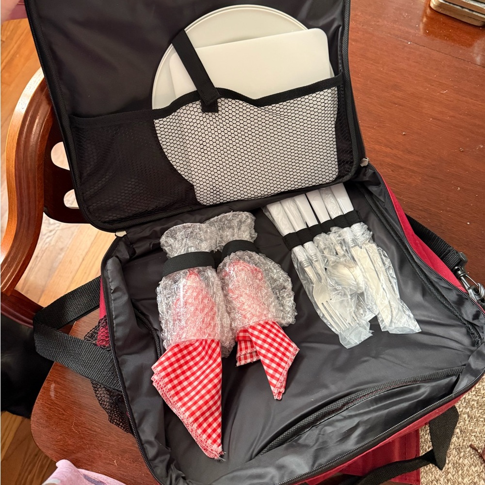 Red and Black Picnic Set with Plates and Utensils. Cooler section.